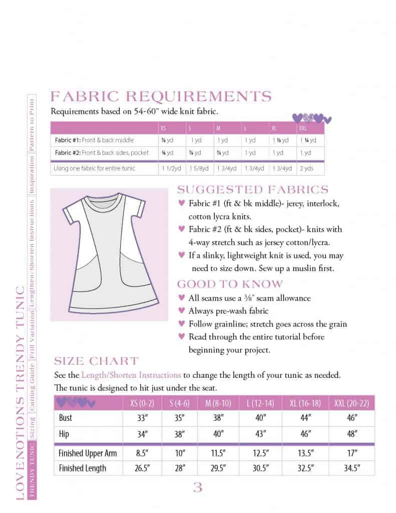 Trendy Tunic size chart and fabric requirements