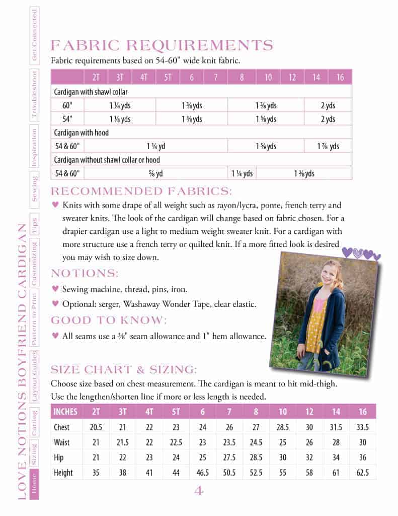 Girls size chart & fabric requirements