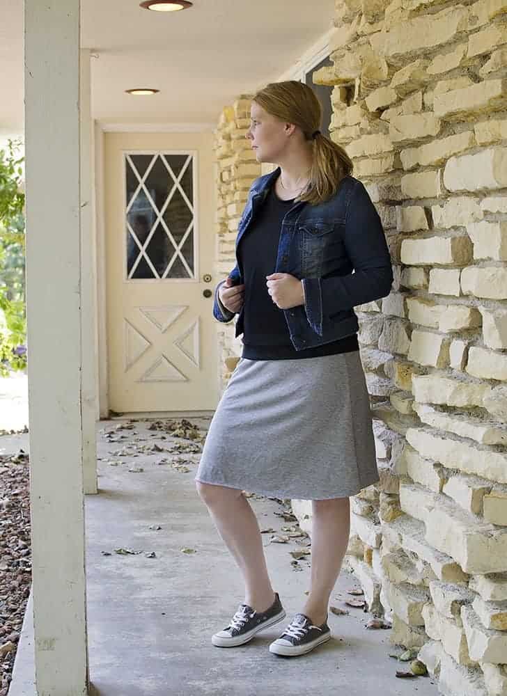 knit skirt + tee + jean jacket