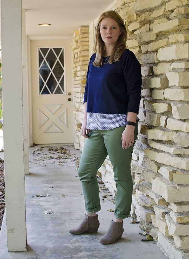 I purchased the blue check shirting from Joann's. I cut it on the bias to give it a little more interest. 
