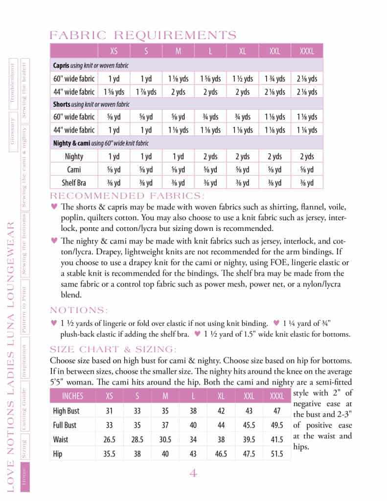 Ladies Luna Loungewear charts