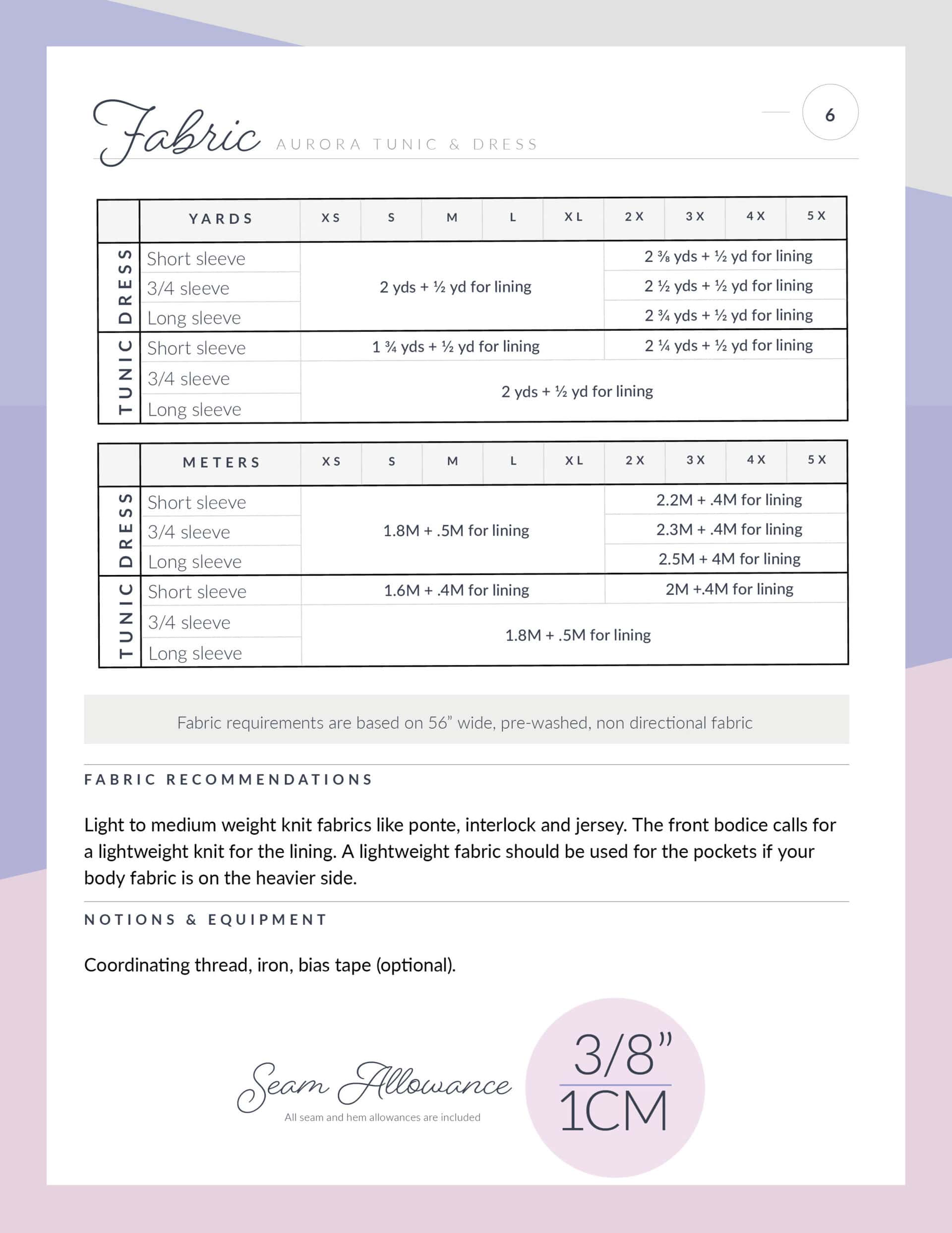 Aurora Tunic & Dress fabric requirements