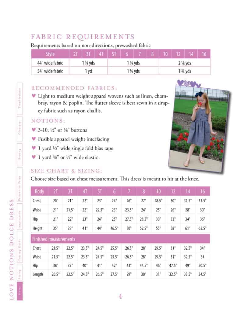 size chart and fabric requirements