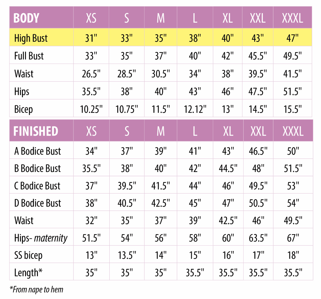 Sonata maternity size chart